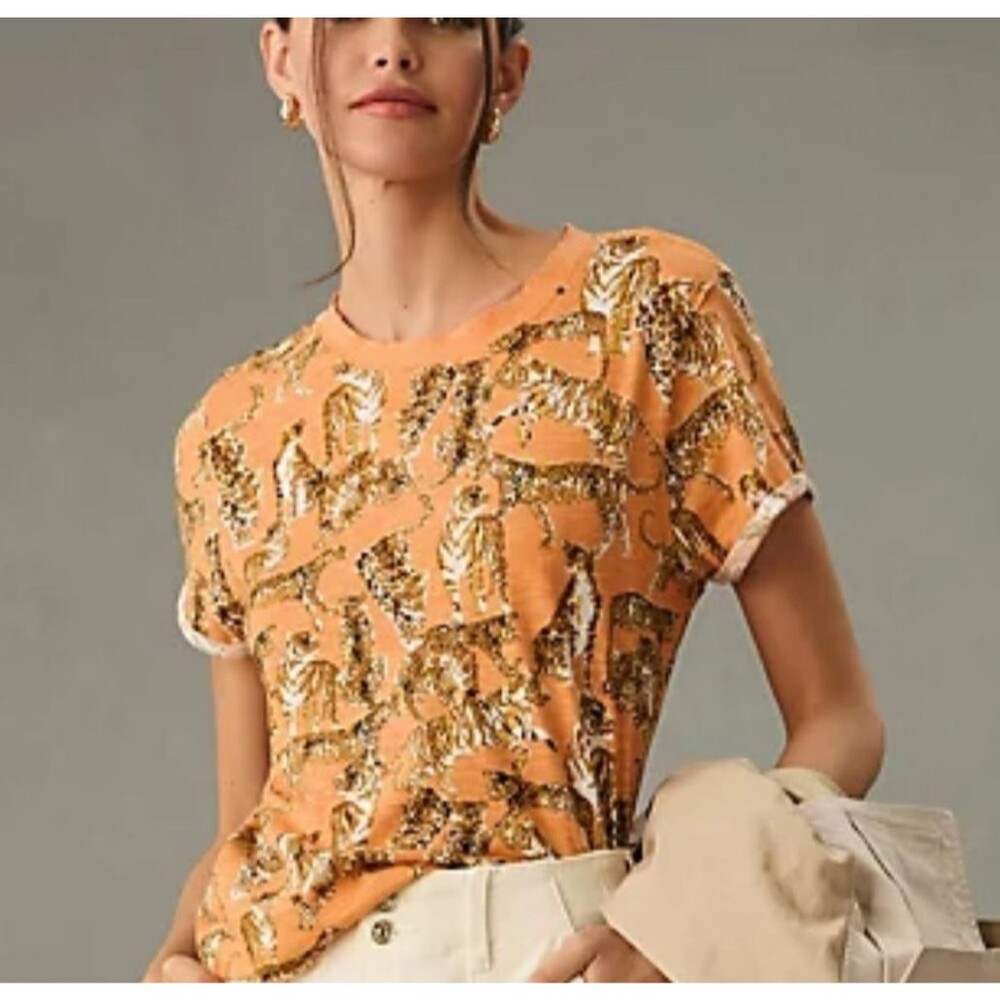Maeve Anthropologie Big Cat Tiger Leopard Boxy Cut Tee Small Cotton Safari Indie